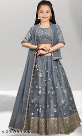Pink net semi-stitched Lehenga, Choli & Dupatta set for kids 3-15yrs. Floral embroidery, short sleeves. Indian festive wear
