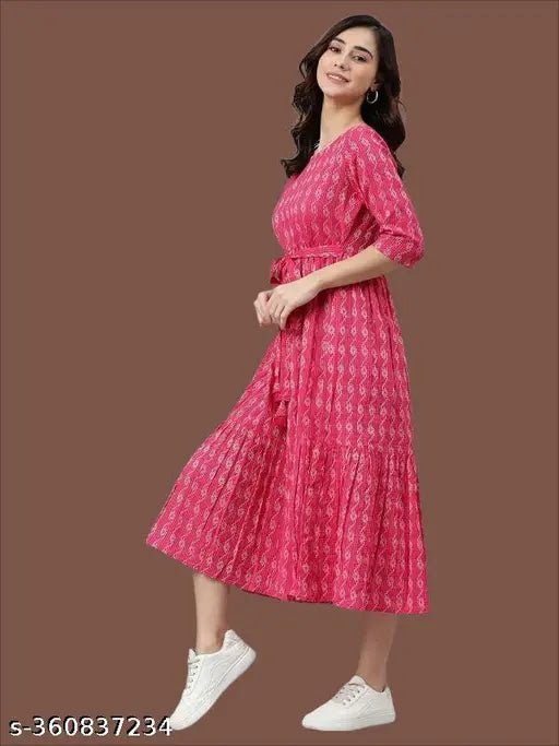 Pink cotton three-quarter sleeve printed kurti by Abhyas, XS (34in bust) - everyday style essential from India