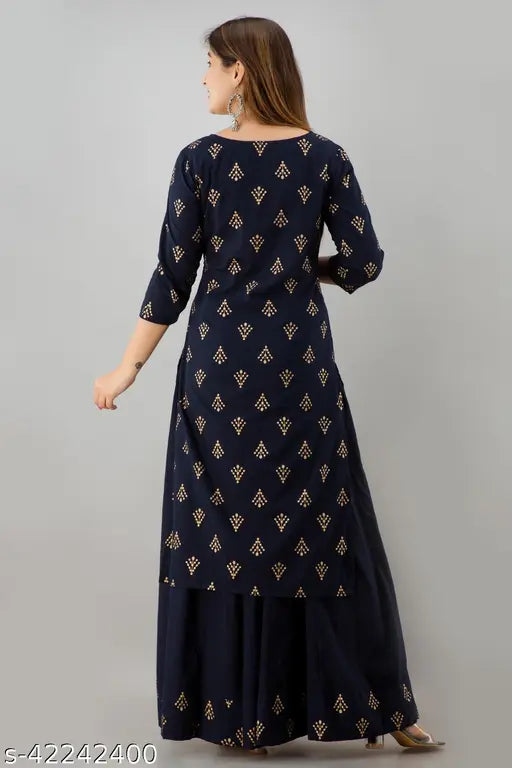 Blue and gold cotton rayon blend straight kurta skirt with gold print, traditional Indian women's attire on display