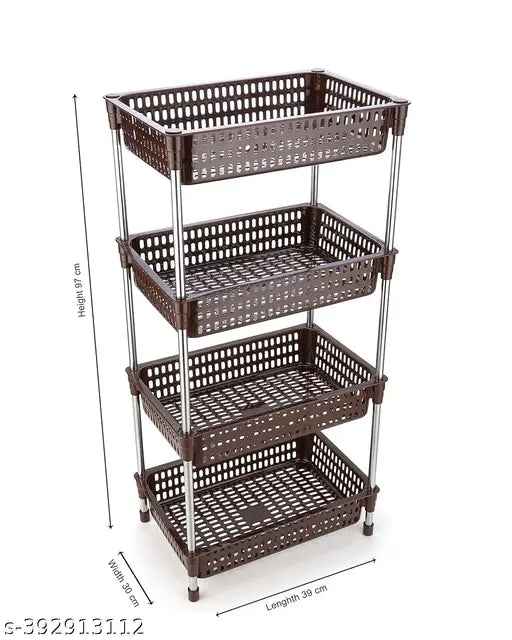 Brown multipurpose plastic basket stand for kitchen storage, stackable and adjustable shelf height for fruits and vegetables