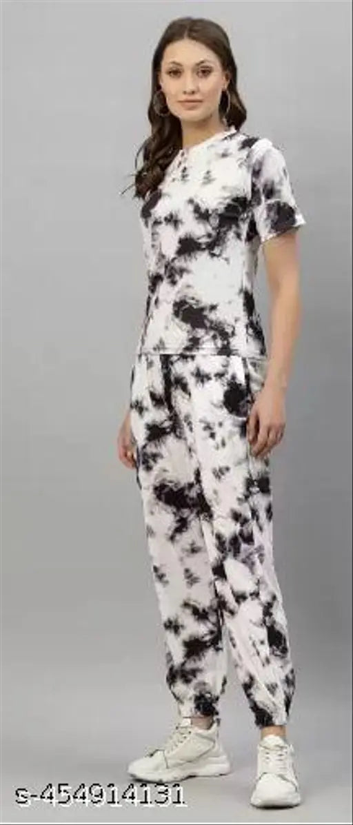 Trending poly crepe night suit combo with short sleeves and dyed/washed net pattern, available in sizes S-XL