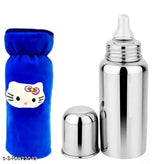 Silver stainless steel kids feeding bottle, no leakage, pack of two, with silicone nipple for milk