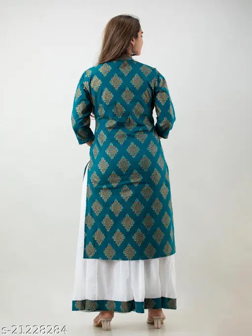 Cotton printed straight kurta with Palazzo and dupatta set, three-quarter sleeves, India origin" (108 characters)