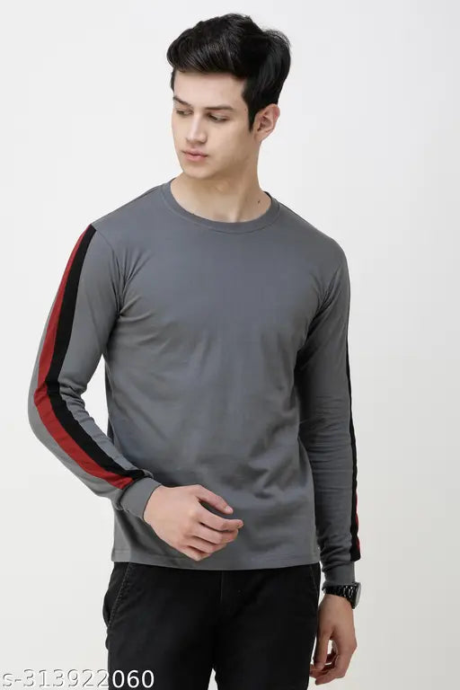 Solid grey cotton long-sleeve men's round neck t-shirt, grey on model, versatile casualwear