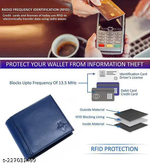 Blue faux leather RFID wallet, 8 card slots, men's regular size for everyday carry