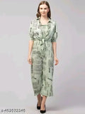 Printed crepe jumpsuit with inner lining, three-quarter sleeves, typographic print - Indian fashion