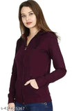 Stylish fleece wine plane zipper hoodie in solid color, long sleeves for women, made in India