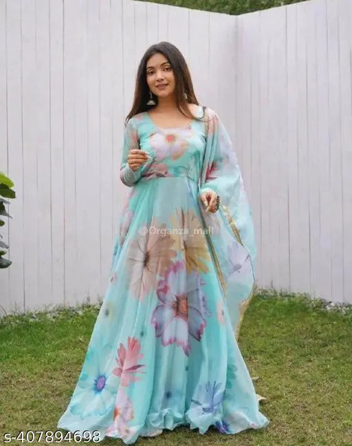 Aqua blue georgette round neck full-length gown with orange printed duppata, suitable for parties and formal events