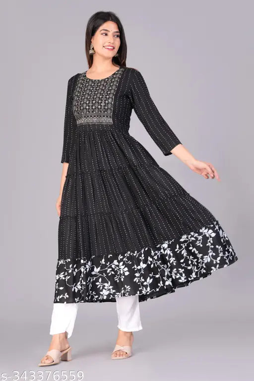 Embroidery & printed viscose rayon anarkali kurti, three-quarter sleeves, Indian women's fashion, vibrant print design on display