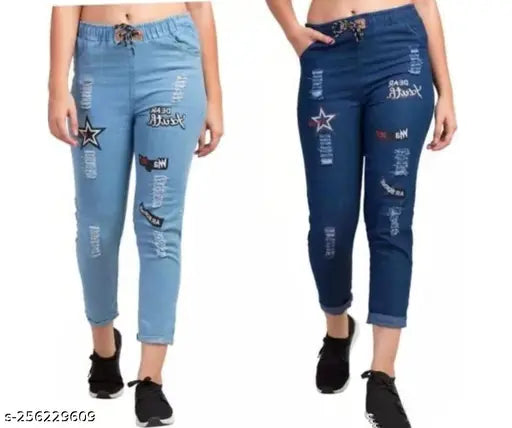 Light denim and dark star tie-up joggers combo, two pairs in sizes 28 & 30 from India