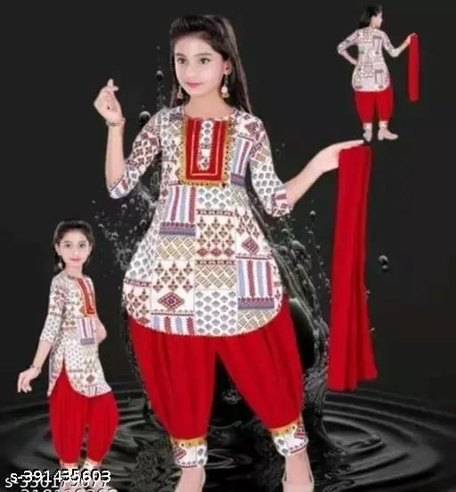 Girls partywear ethnic cotton blend set with patiala and chunni, A-line dhoti pants and printed top for trendy fashionable kids dresses