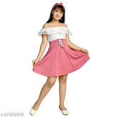 Multicolor knee length fit and flare off shoulder dresses, stylish cotton blend for girls aged 7-12 years (India)