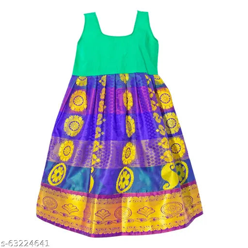Embroidered chanderi silk lehenga & pattu pavadai for girls, south Indian style in acrylic dupatta