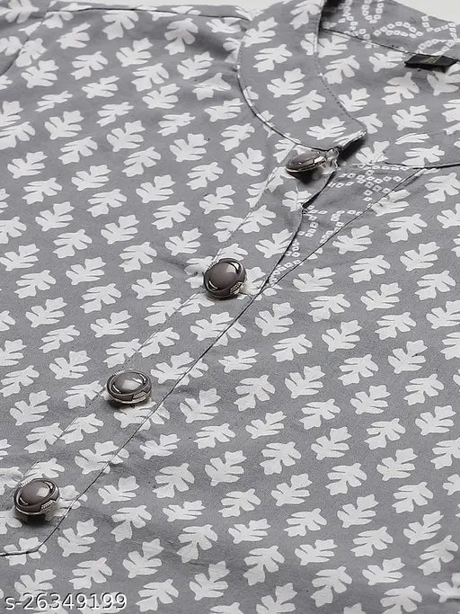 Trendy grey cotton women's kurta set with palazzos, printed design, straight fit, mandarin collar, regular sleeves