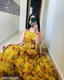 Yellow cotton sleeveless gown for women and girls, printed combo dress with single sizes XXL and XXXL originating from India