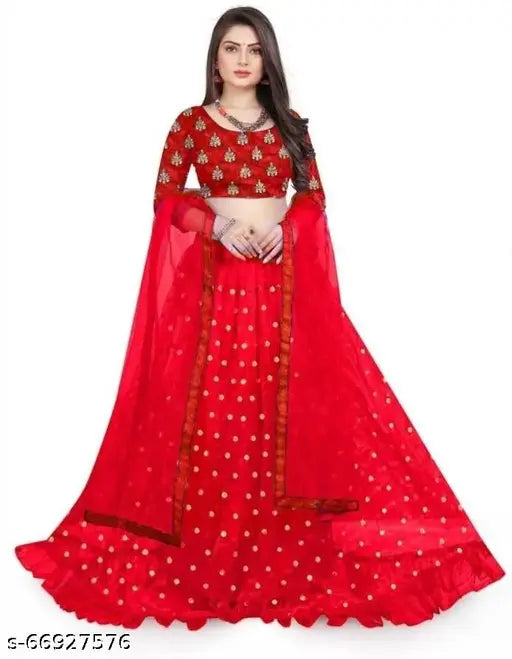 Attractive satin work lehenga with net bottom and dupatta, embroidered top and solid dupatta. Semi-stitched (42in/44in waist & 2in length), free size available. Indian craftsmanship showcased