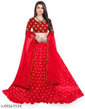 Attractive satin work lehenga with net bottom and dupatta, embroidered top and solid dupatta. Semi-stitched (42in/44in waist & 2in length), free size available. Indian craftsmanship showcased