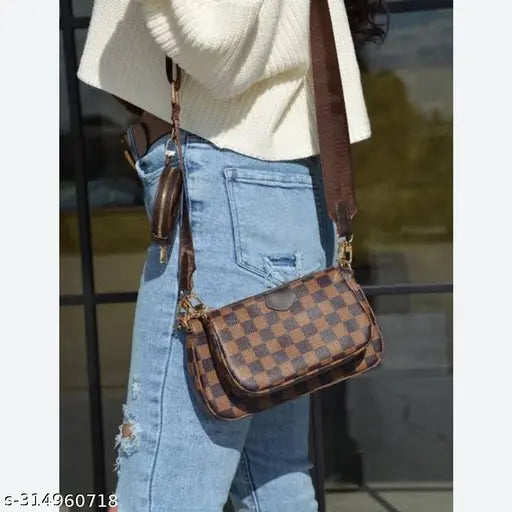 Luxury brown leather multi sling bag set of 3 with textured net pattern, free size (10in x 3in x 8in), made in India