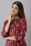 Maroon printed rayon kurti for women, three-quarter sleeve length, Sanganeri print trendy casualwear for kitty parties or outings