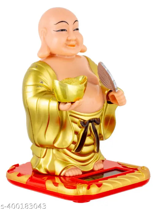Multicolor plastic Lante Decor Solar Good Luck Buddha with waving fan and magic bowl, ideal for car art, handmade in India