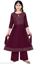 Purple georgette Anarkali Sharara set with floral print, best quality ethnic kids wear. Girls party attire with embellished sleeves and dupatta