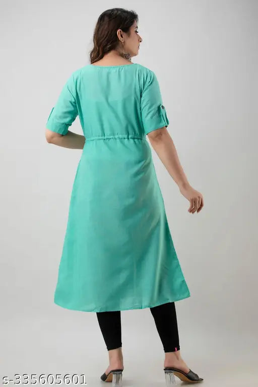 Cotton slub Morpankh Aline printed kurti, solid combo, three-quarter sleeves. Indian ethnic women's fashion on mannequin