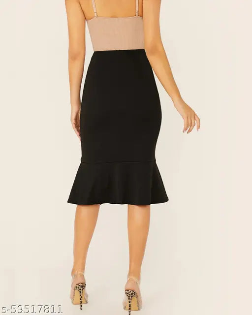 Addyvero women's solid trumpet black cotton blend skirt for parties, weddings, and casual events