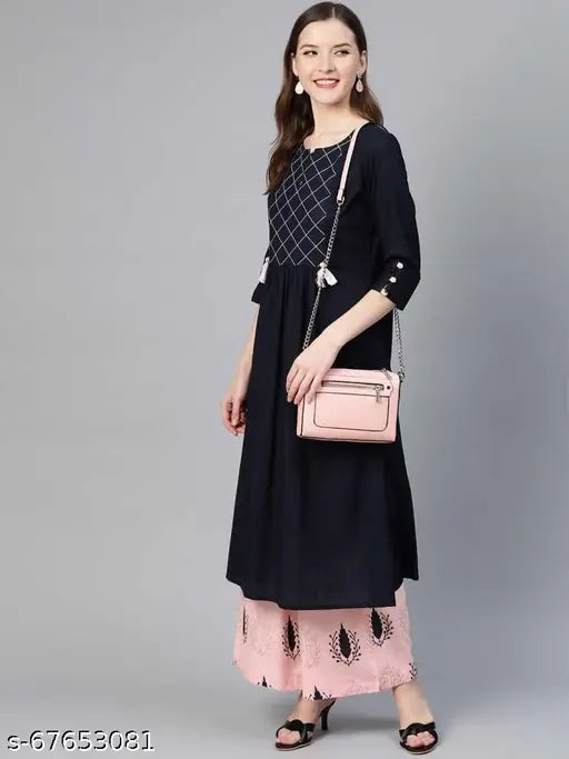 Stylish rayon kurta with palazzo, three-quarter sleeves, solid color - Indian women's traditional-western fusion outfit