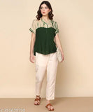 Ombre dyed olive green rayon top, short sleeves, printed pattern, Chinese neck collar, Indian origin