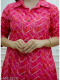 Rayon pink kurta set with pants, three-quarter sleeves, printed net pattern, India-origin fashion for women