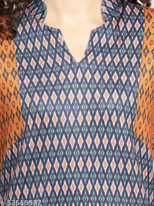 Blue printed woolen A-line straight long V-neck kurti dress for women, traditional winter wear
