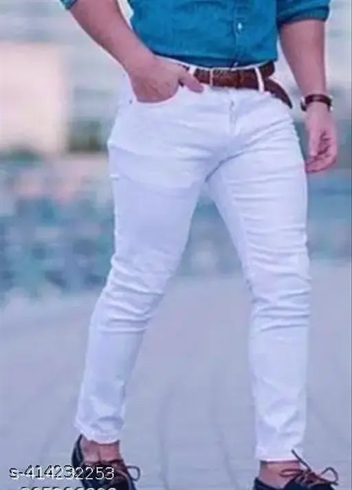 White denim men's jeans, solid pattern, available in sizes 28-34. Made in India
