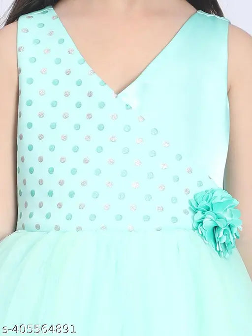 Sea green embellished net party dress for kids (1-12 years), toy balloon print, India