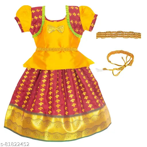 Brand New Chanderi Silk Embroidered Pattu Pavadai Lehanga Choli, latest Indian fashion for girls aged 1-2, 5-6 years