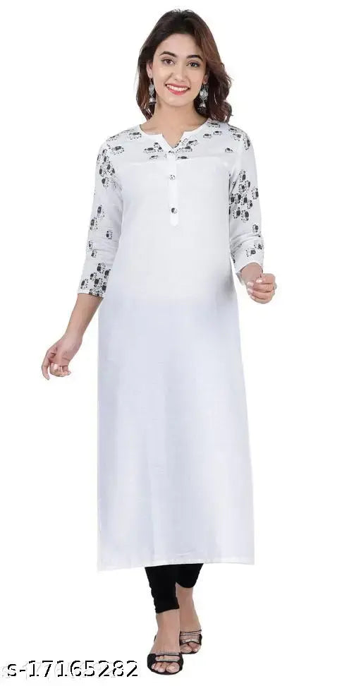 Rayon, three-quarter sleeve, printed white kurti by Sapna. Stylish ethnic kurta for women, suitable for sisters, mothers, and wives. Indian-made, comfortable and trendy