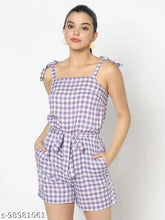 White viscose checked jumpsuit for women, size M on model