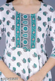 Green rayon kurti with white, three-quarter sleeves, printed combo design. M, L, XL, XXL, XXXL, 4XL sizes available. Indian ethnic wear on display