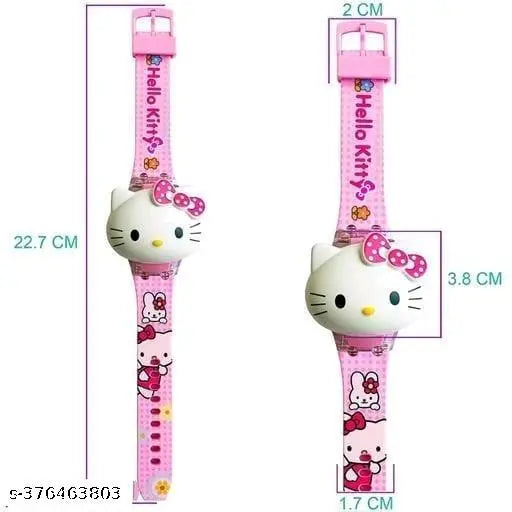 Multicolor LED Hello Kitty kids' disco light watch, glowing web shooter toy for girls on display