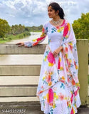 Georgette three-quarter sleeve printed net women's gown, Pretty Fabulous collection, fashionable evening wear on hanger, multiple sizes available (S-XXL), Indian origin