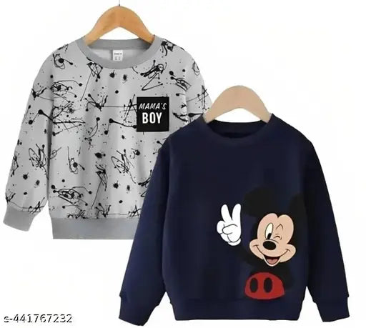 Blue Mickey Mouse all-over print, trendy full sleeve sweatshirts for baby boys & girls (pack of 2), wool fabric, vibrant designs, India origin
