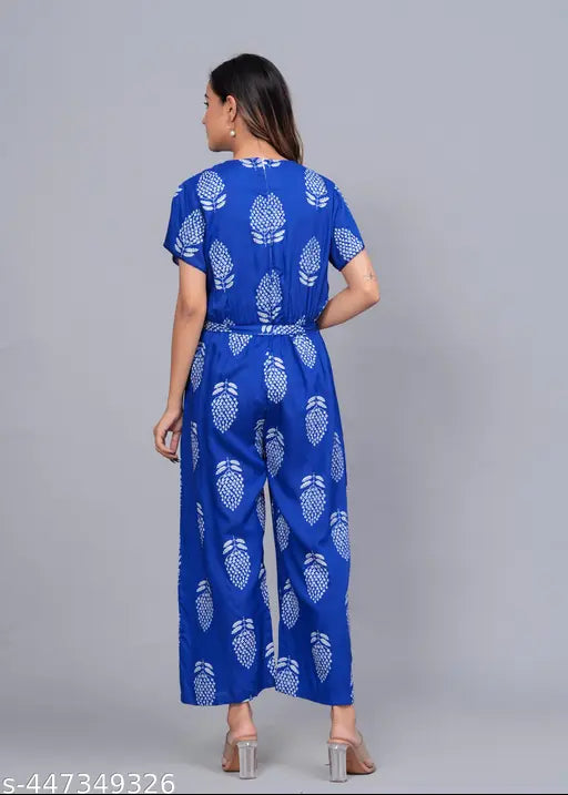 Blue rayon printed jumpsuit, short sleeves, high-quality women's fashion from India
