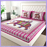 Multi-colored 180TC Cotton Double Bed Sheet Set with 2 Pillow Covers, Indian Jaipuri Design