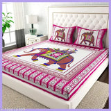 Multi-colored 180TC Cotton Double Bed Sheet Set with 2 Pillow Covers, Indian Jaipuri Design