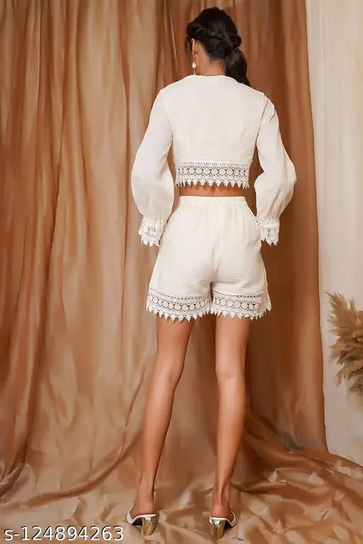 White cotton crop top & short set with lace work, comfortable and stylish women's fashion for Western looks