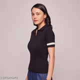 Black cotton blend women's solid regular t-shirt, short sleeves, elevates casual wear