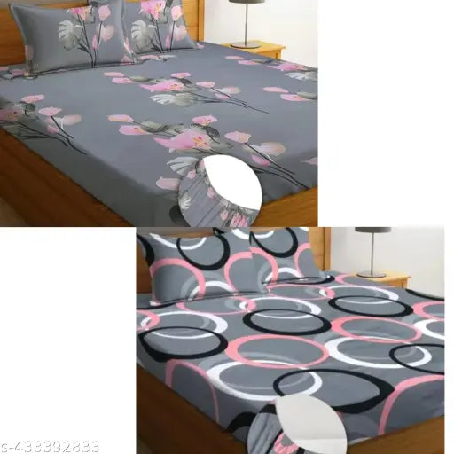 White cotton blend, floral-patterned double fitted bedsheet set with 4 pillow covers for AC room, ideal for adult use