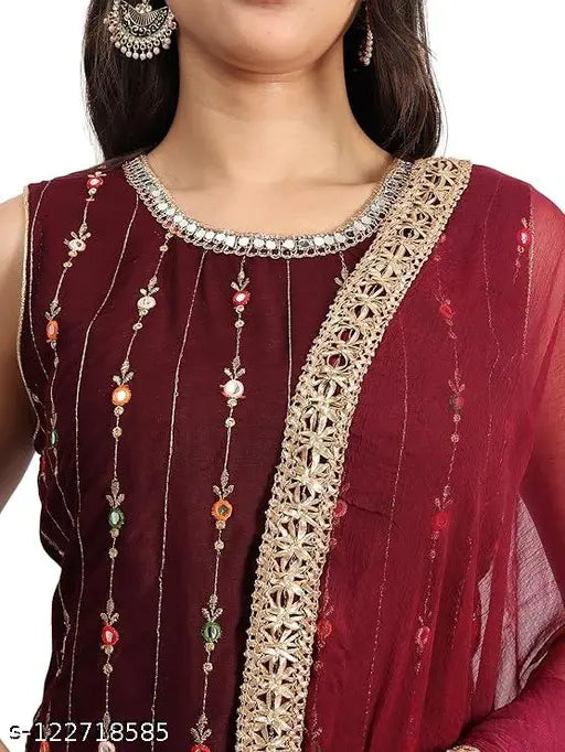 Rayon women's kurti Shararagarara and wine Dupatta Set, embroidered ethnic Indian fashion for festive occasions