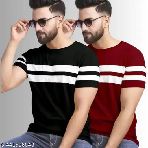 Mens combo cotton blend striped casual T-shirts pack of 2 - High-quality, lightweight striped t-shirts in various sizes for versatile daily wear, crafted from cotton blend fabric