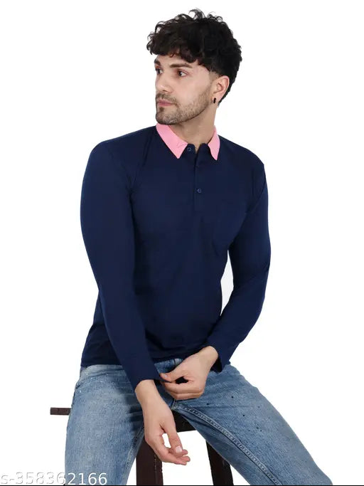 Navy blue multi-colored cotton blend full sleeve men's t-shirt with contrast collar and pocket, perfect for casual wear. Available in M, L, XL, 2XL sizes