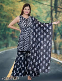 Black rayon sharara set with kurta and dupatta, sleeveless, printed net design on display